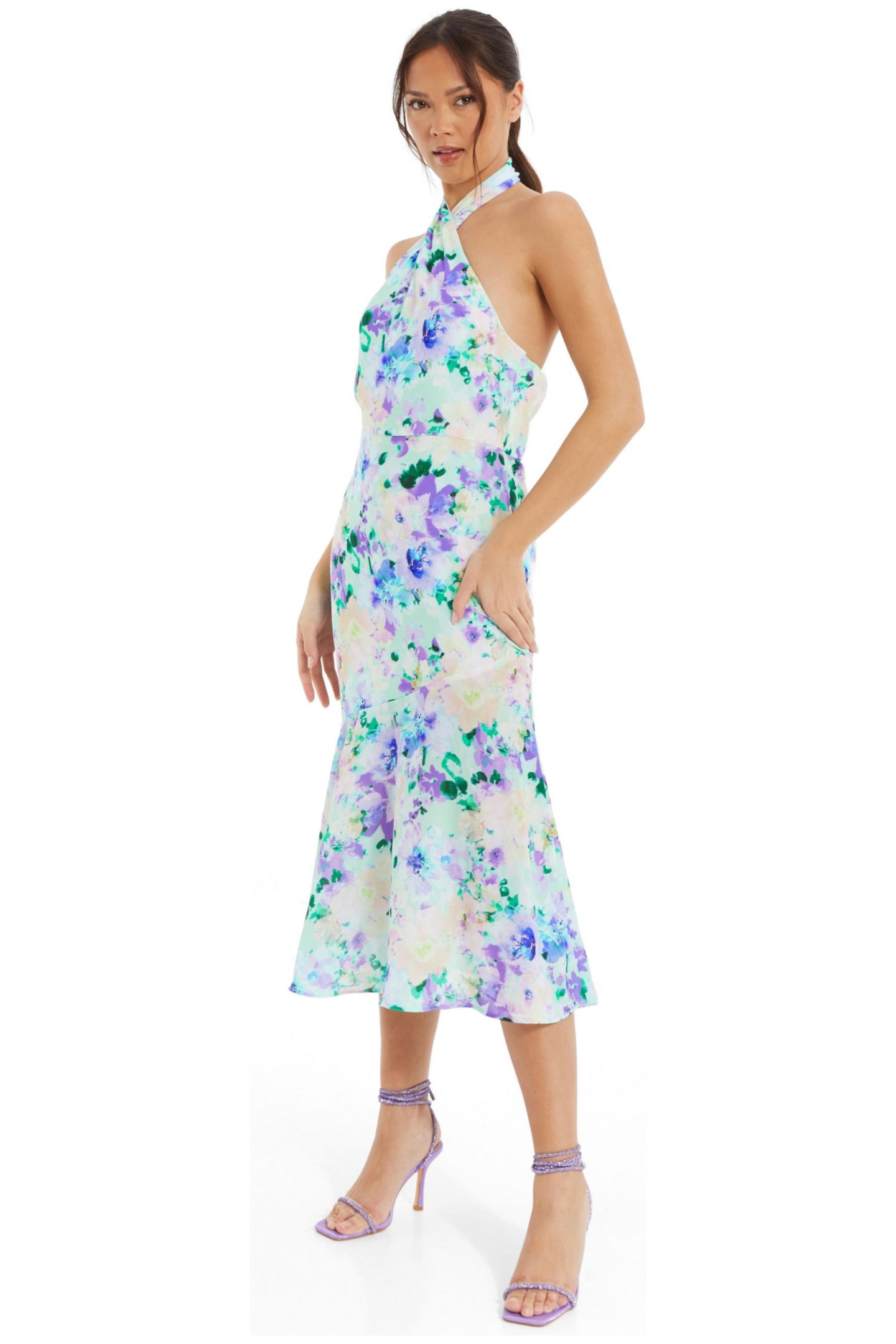 Женское платье QUIZ Floral Crepe Halter Neck Midi, цвет: Разноцветный — фото 3