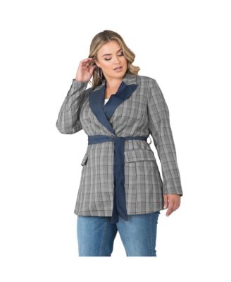 Women's Plus Size Plaid Wrap Blazer with Tencel Trim