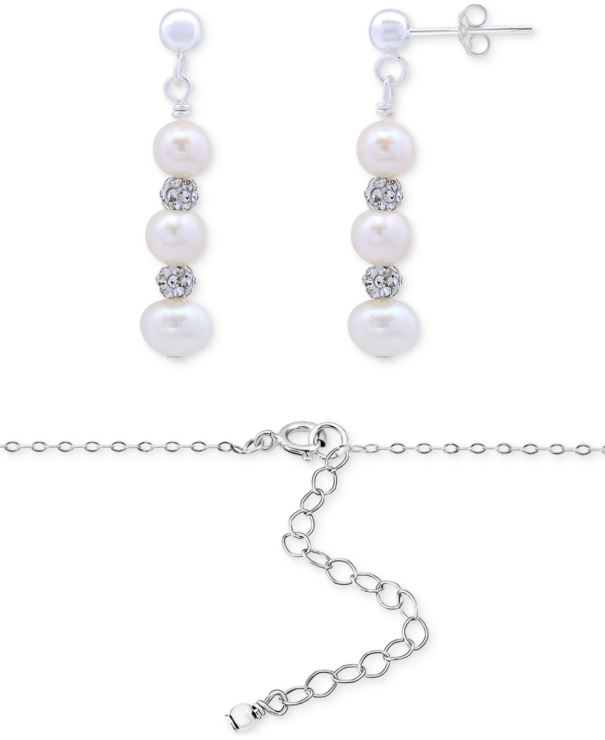 Cultured Freshwater Pearl (5-7mm) & Crystal Pendant Necklace & Matching Drop Earrings Set in Sterling Silver