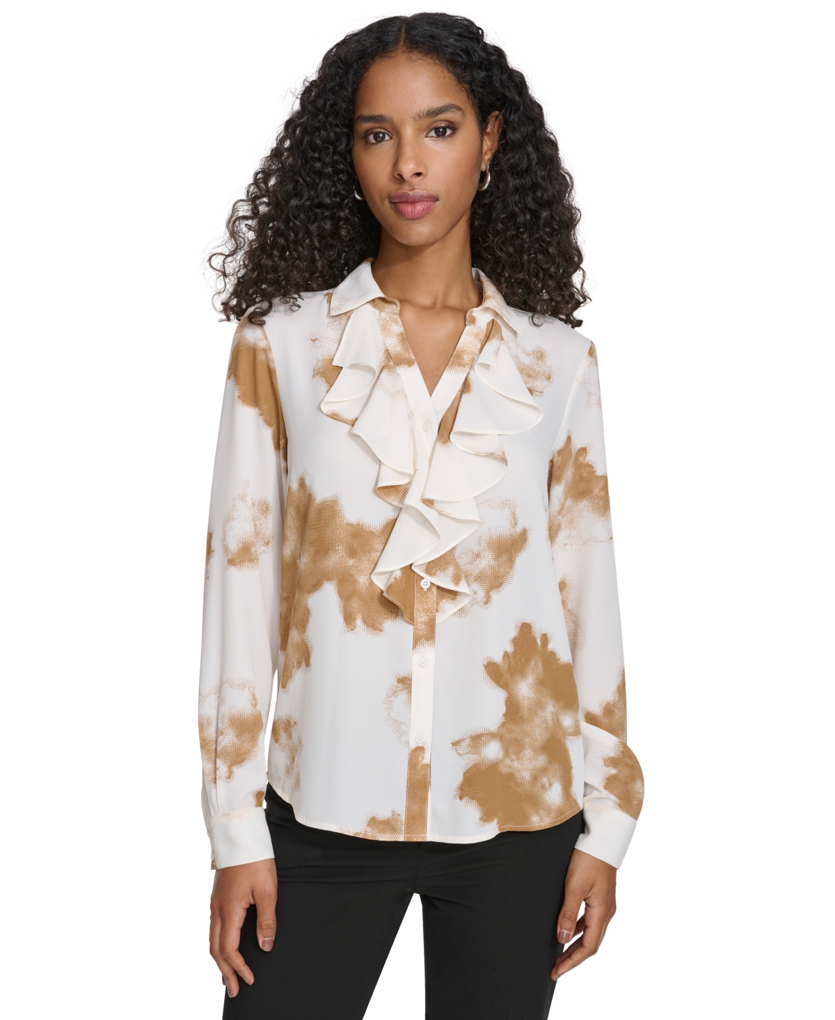 Calvin Klein Women's Long-sleeve Ruffle-front Blouse In Pristine,luggage