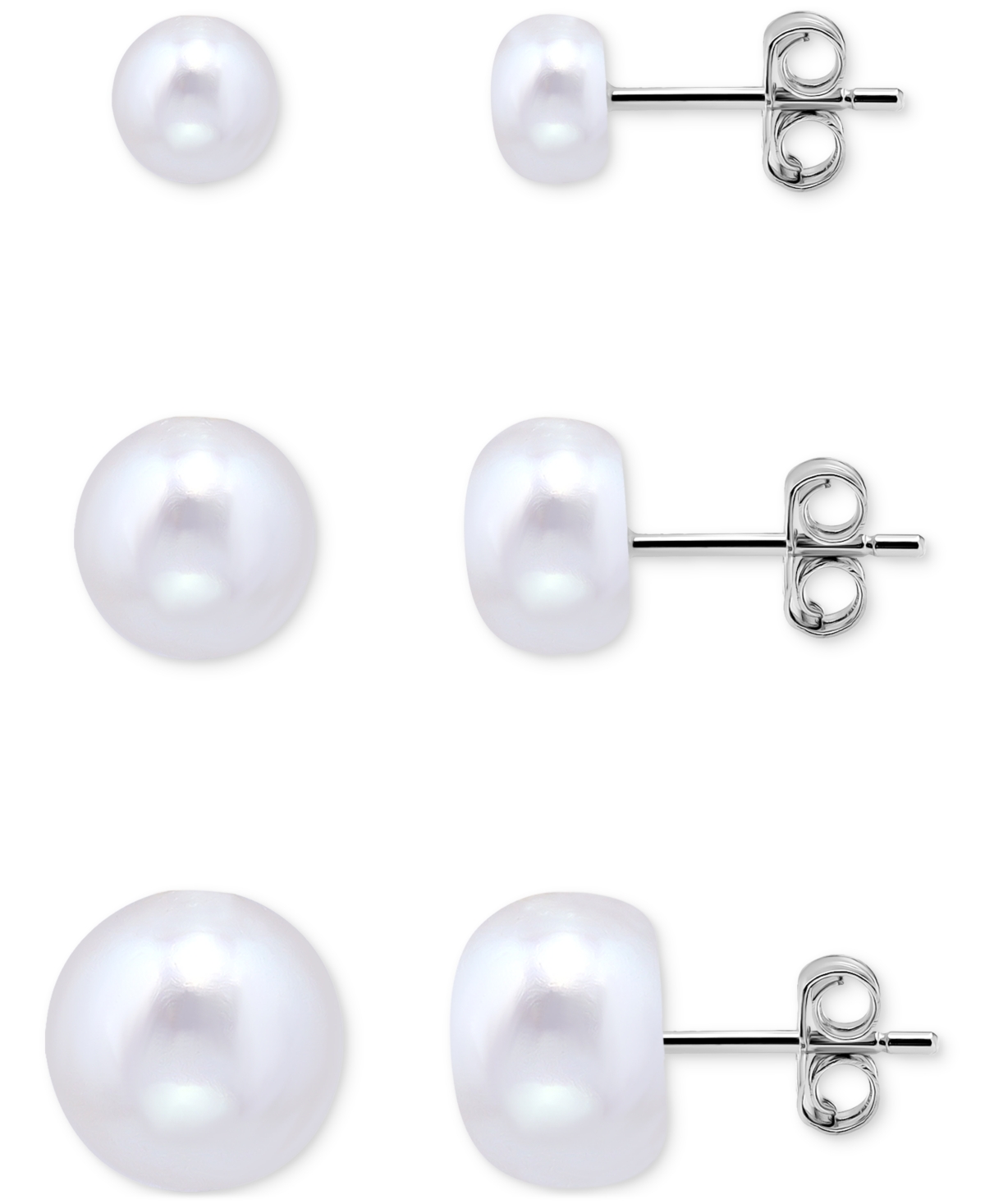 Macy's 3-pc. Set Cultured Freshwater Pearl (5, 7 & 9mm) Graduated Stud Earrings In Sterling Silver, Created In White