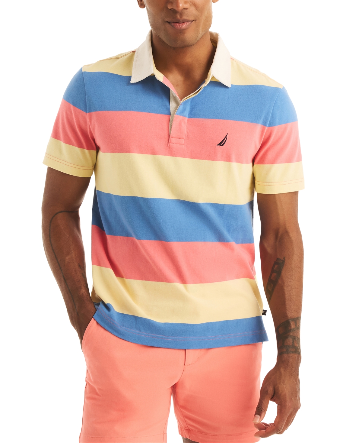 Men's Classic-Fit Stripe Rugby Polo Shirt - Tango Red