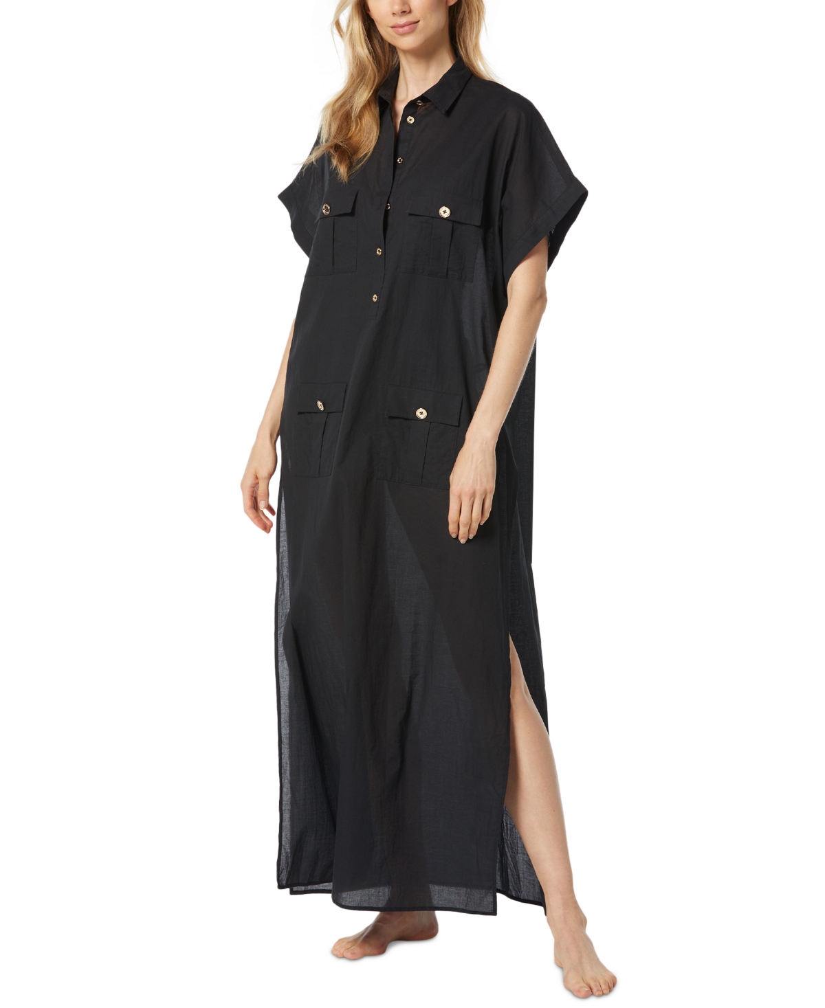 Michael Kors Michael  Women's Cotton High-slit Utility Cover-up Dress In Black