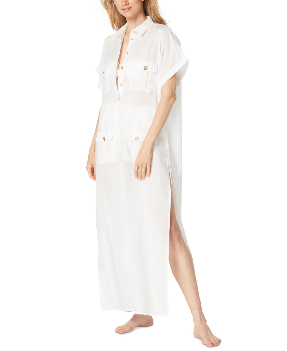 Michael Kors Michael  Women's Cotton High-slit Utility Cover-up Dress In White