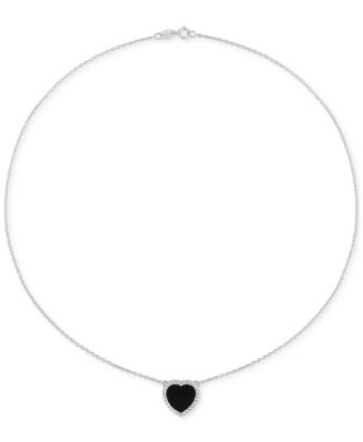 Black Agate (5 ct. t.w.) Heart Bead Frame 17" Pendant Necklace in Sterling Silver