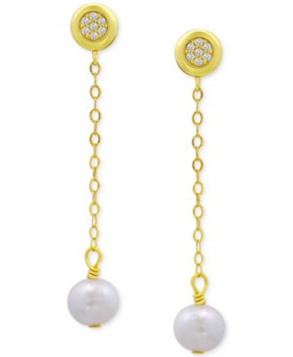 Cultured Freshwater Pearl (7mm) & Cubic Zirconia Chain Drop Earrings in 18k Gold-Plated Sterling Silver, Created for Macy's
