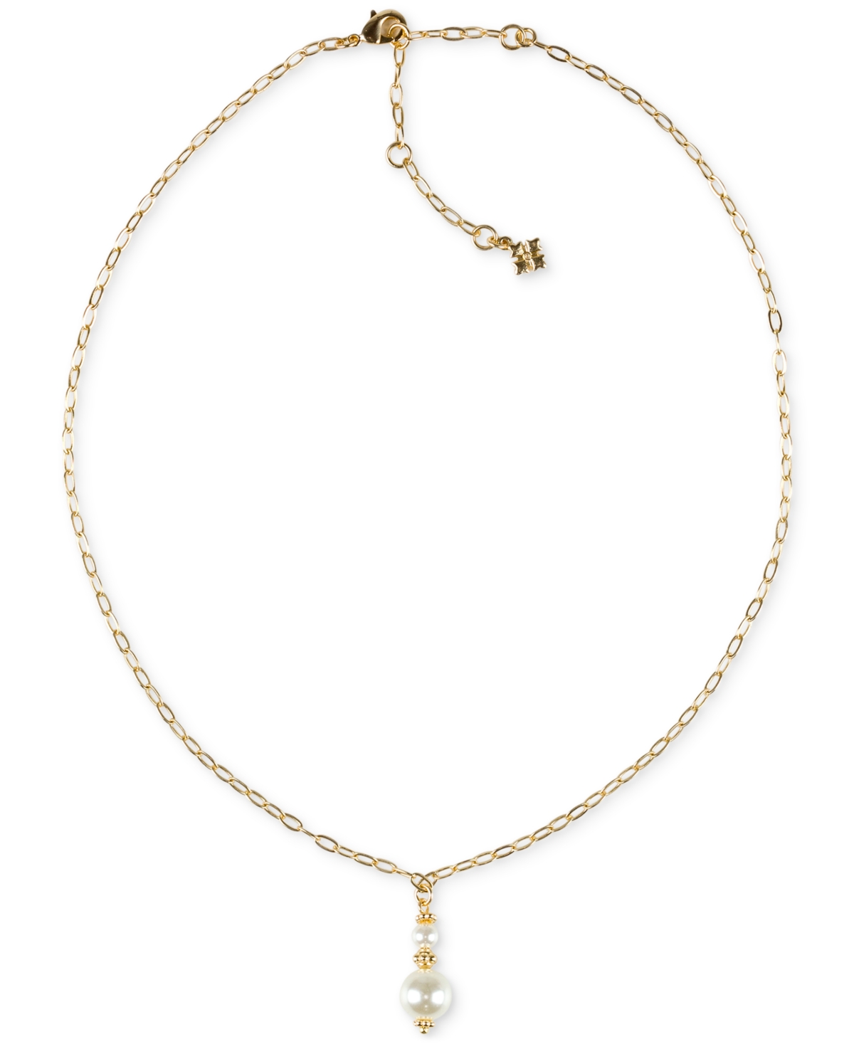 Gold-Tone Imitation Pearl & Pave & Double Bead Lariat Necklace, 28" + 3" extender - Matte Gold