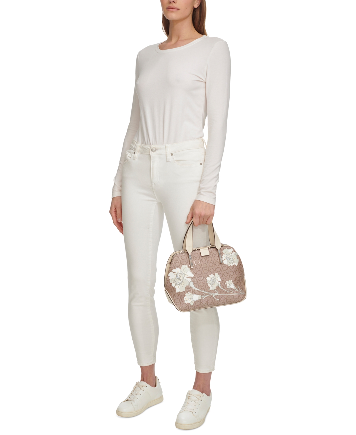 Calvin Klein Audrey Floral Signature Convertible Satchel In Almond Multi