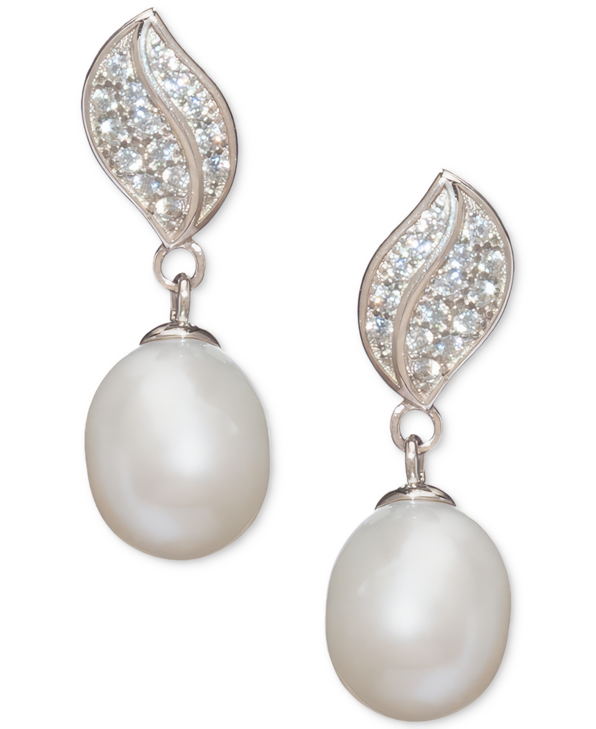 Cultured Freshwater Pearl (7x9mm) and Cubic Zirconia Pendant Necklace and Matching Drop Earrings Set in Sterling- Silver