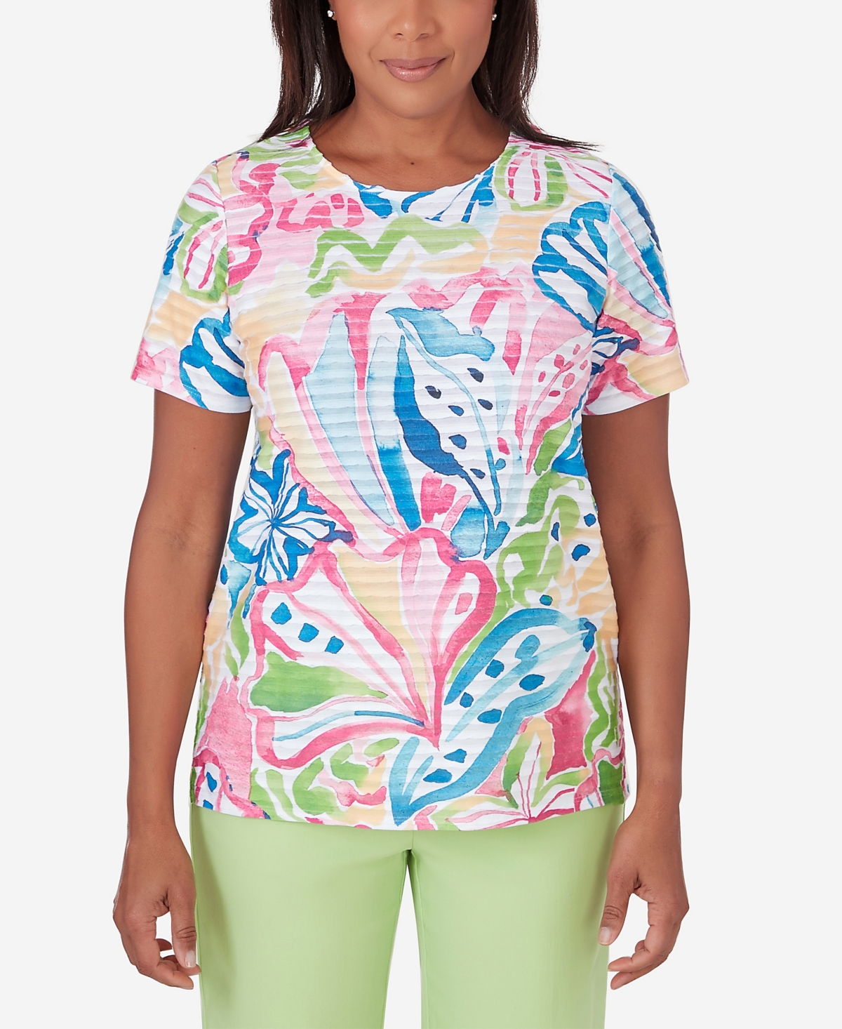 Shop Alfred Dunner Petite Miami Beach Tropical Abstract Mini Ruffle Short Sleeve Top In Multi