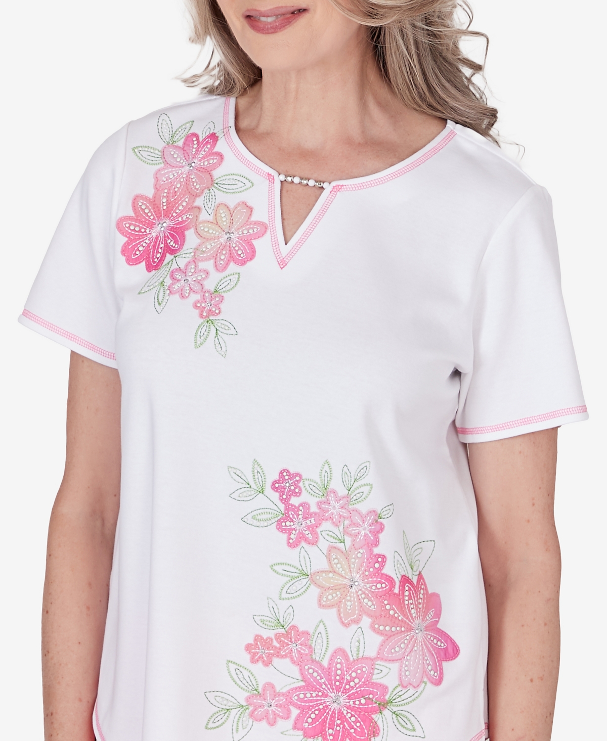 Alfred Dunner Petite Miami Beach Short Sleeve Floral Applique Top