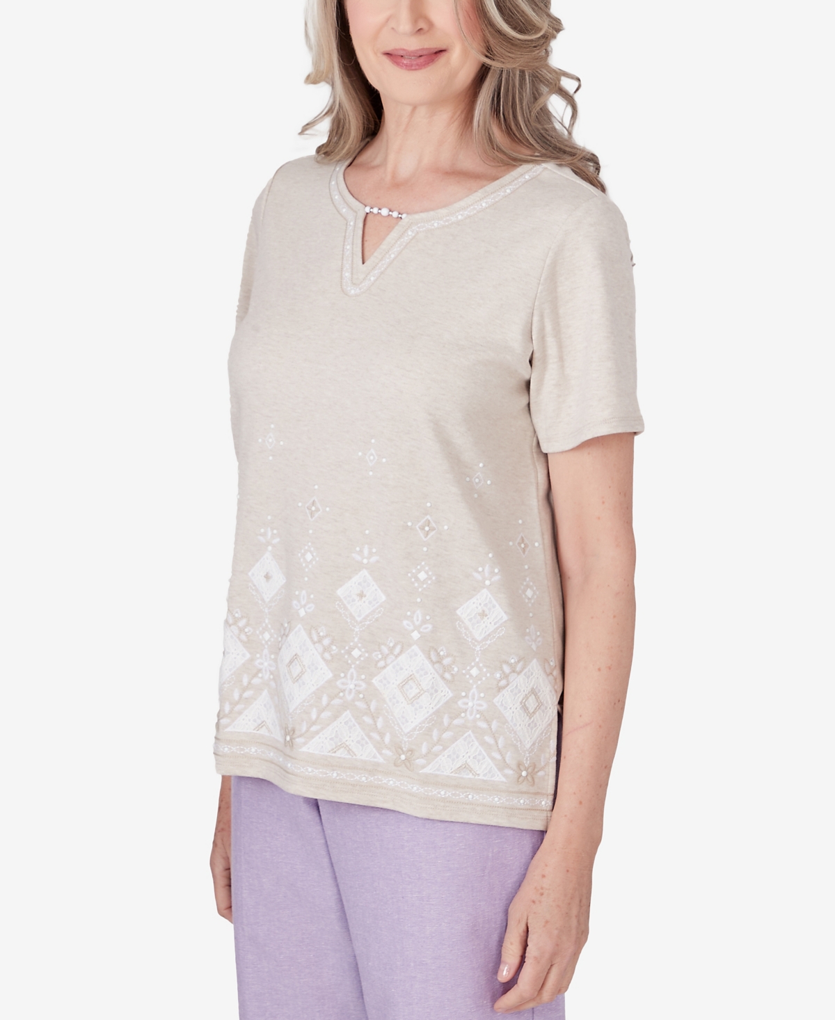 Alfred Dunner Petite Garden Party Embroidered Diamond Border Top