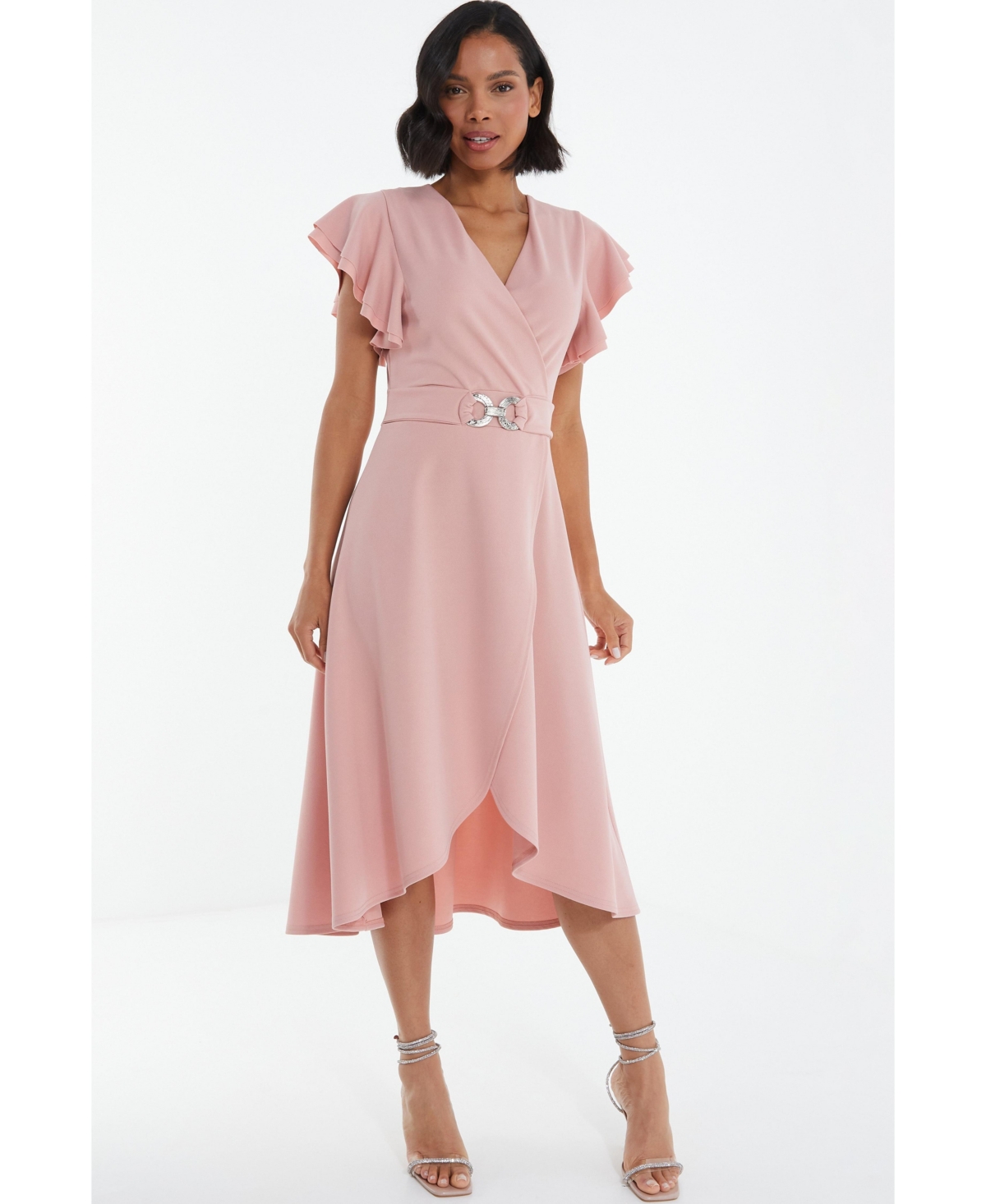 Women's Frill Sleeve Dip Hem Buckle Wrap Dress - Pink