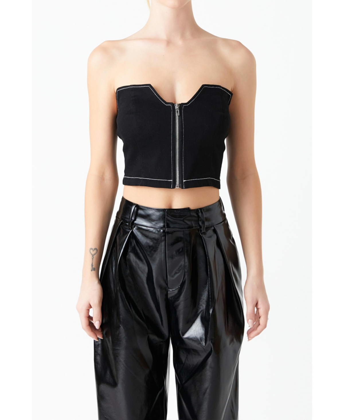 Grey Lab Zip Front Strapless Denim Top In Jet Black