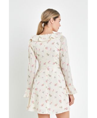 Women's Floral Ruffled Neck Mini Dress