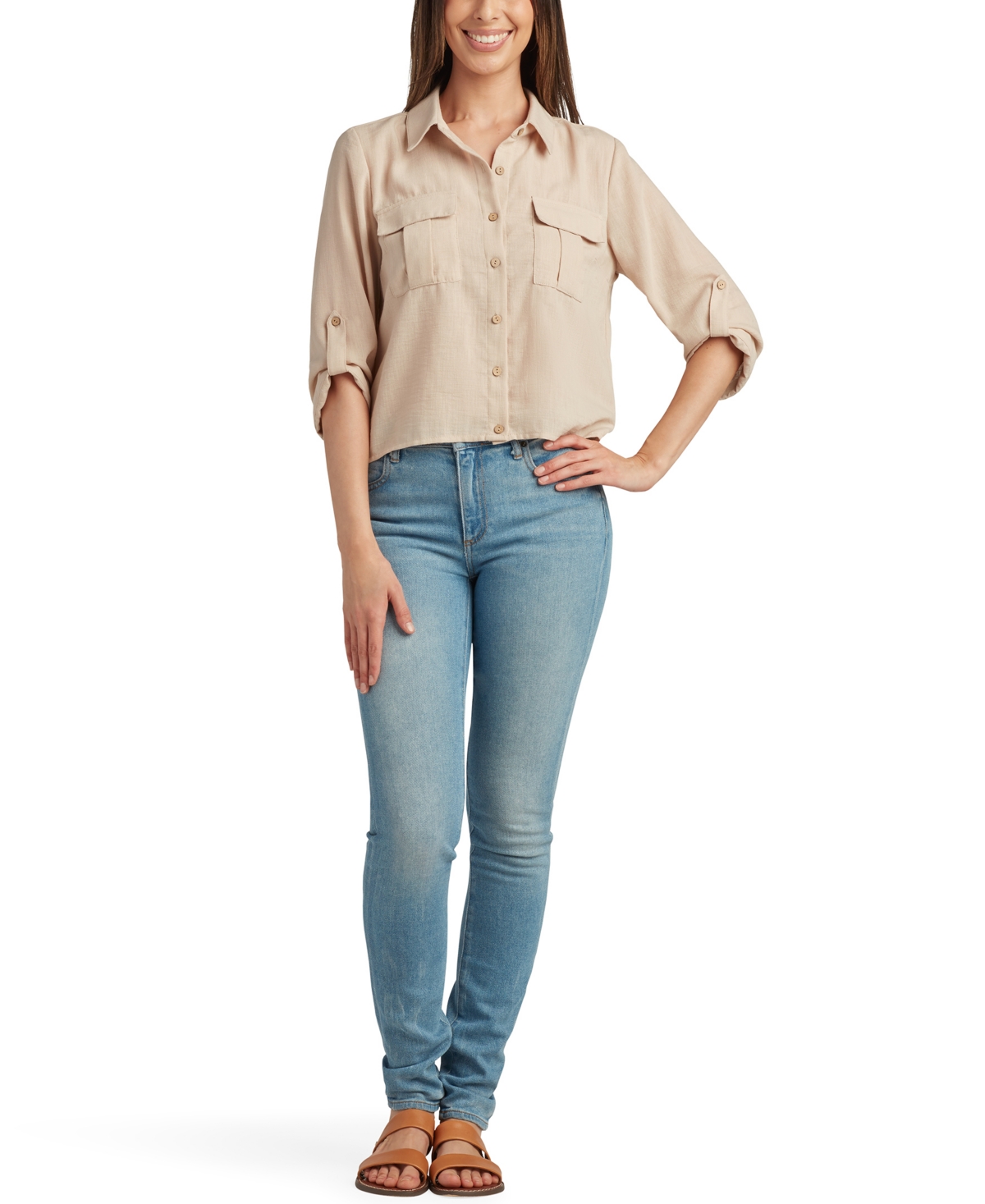 Shop Bcx Juniors' Button-front Roll-tab-sleeve Cargo Top In Sand