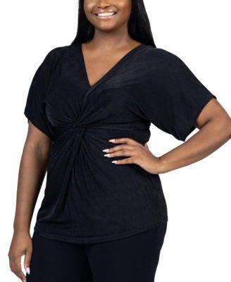 Plus Size V Neck Knot Front Kimono Sleeve Top
