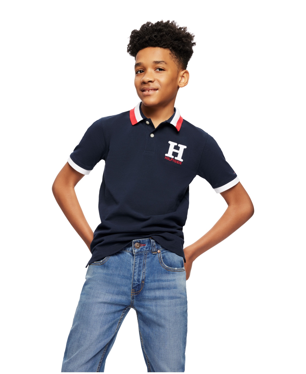 Tommy Hilfiger Toddler and Little Boys Striped Collar Embroidered Matt Polo - Masters Navy