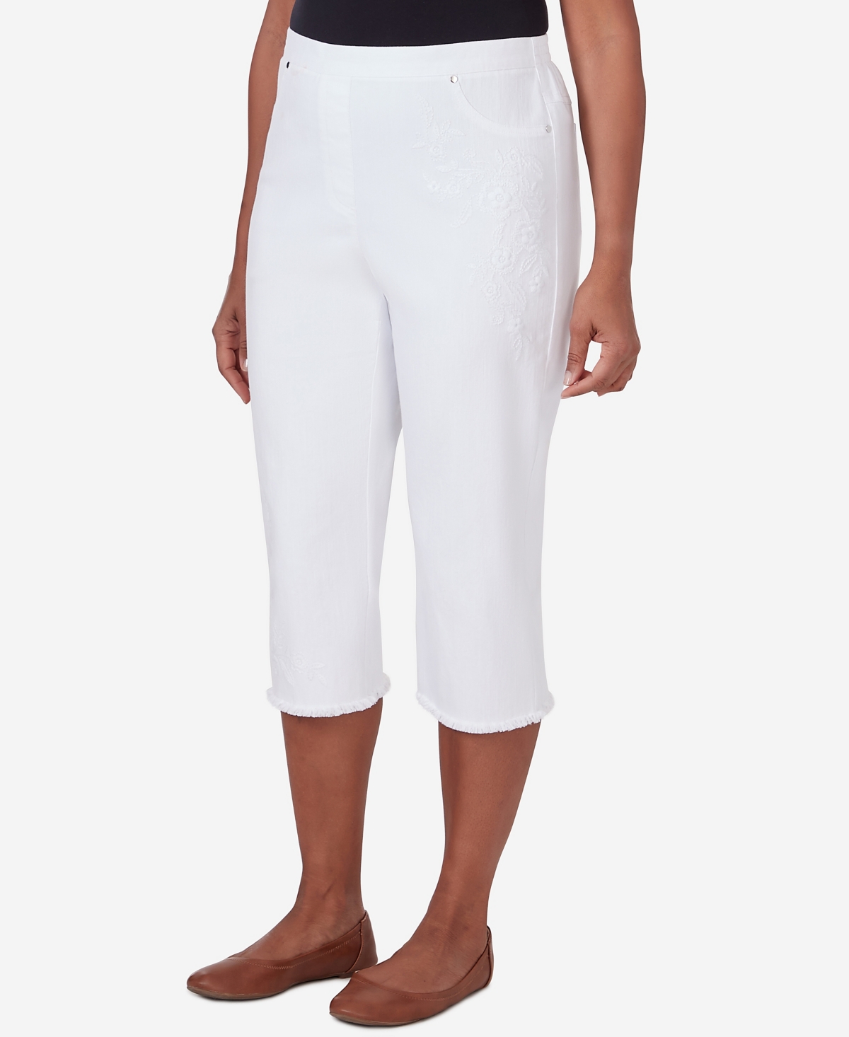 Alfred Dunner Women's Bayou Embroidered Capri Pants Fringe Bottom