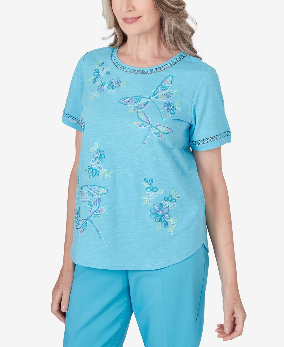 Shop Alfred Dunner Petite Summer Breeze Dragonfly Embroidery Top In Aqua
