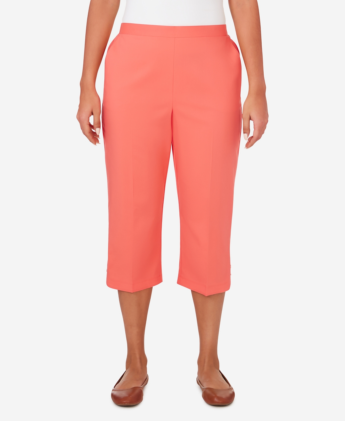 Shop Alfred Dunner Petite Neptune Beach Pull-on Button Hem Capri Pants In Coral