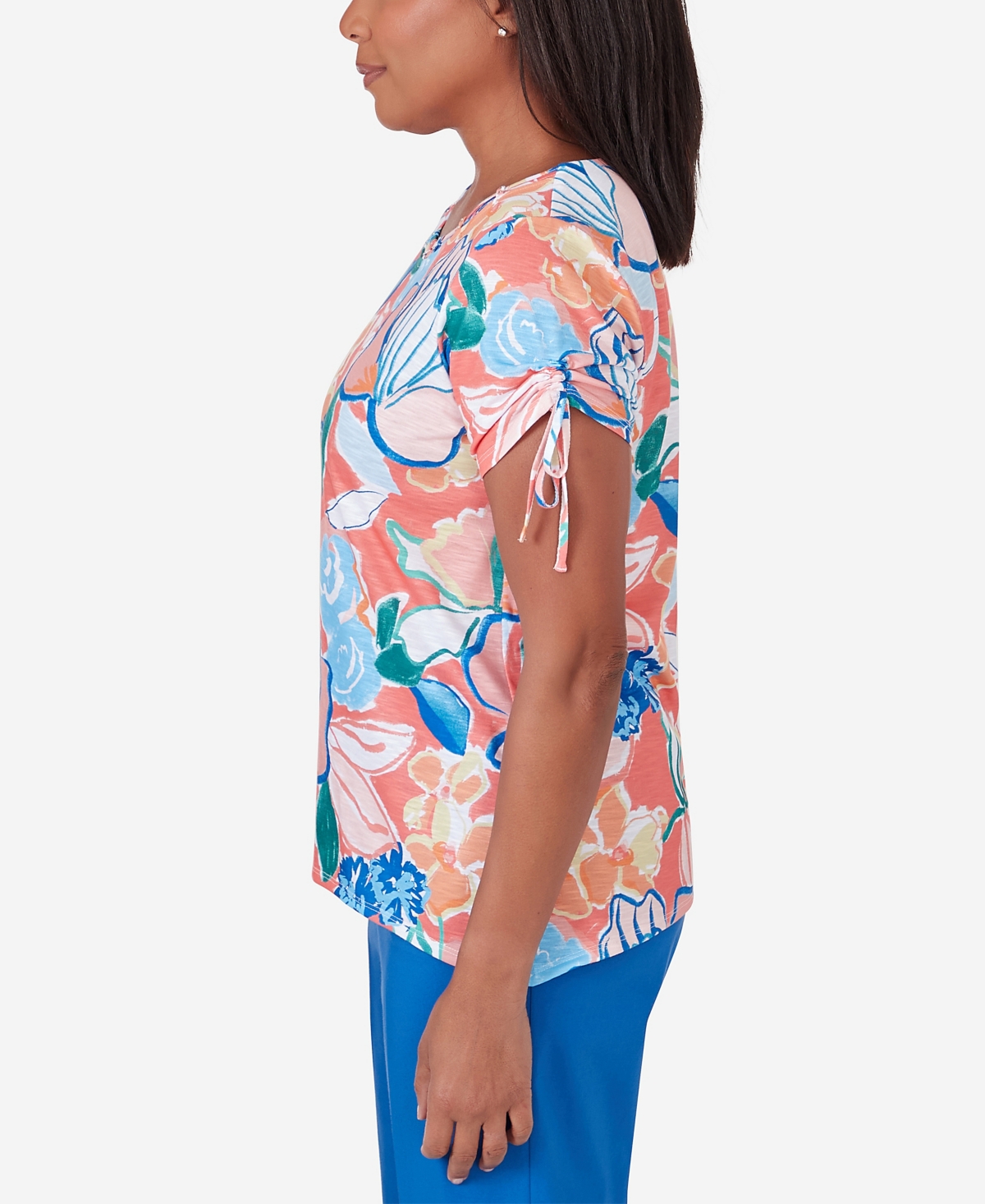 Shop Alfred Dunner Petite Neptune Beach Whimsical Floral Print Tie Sleeve Top In Coral