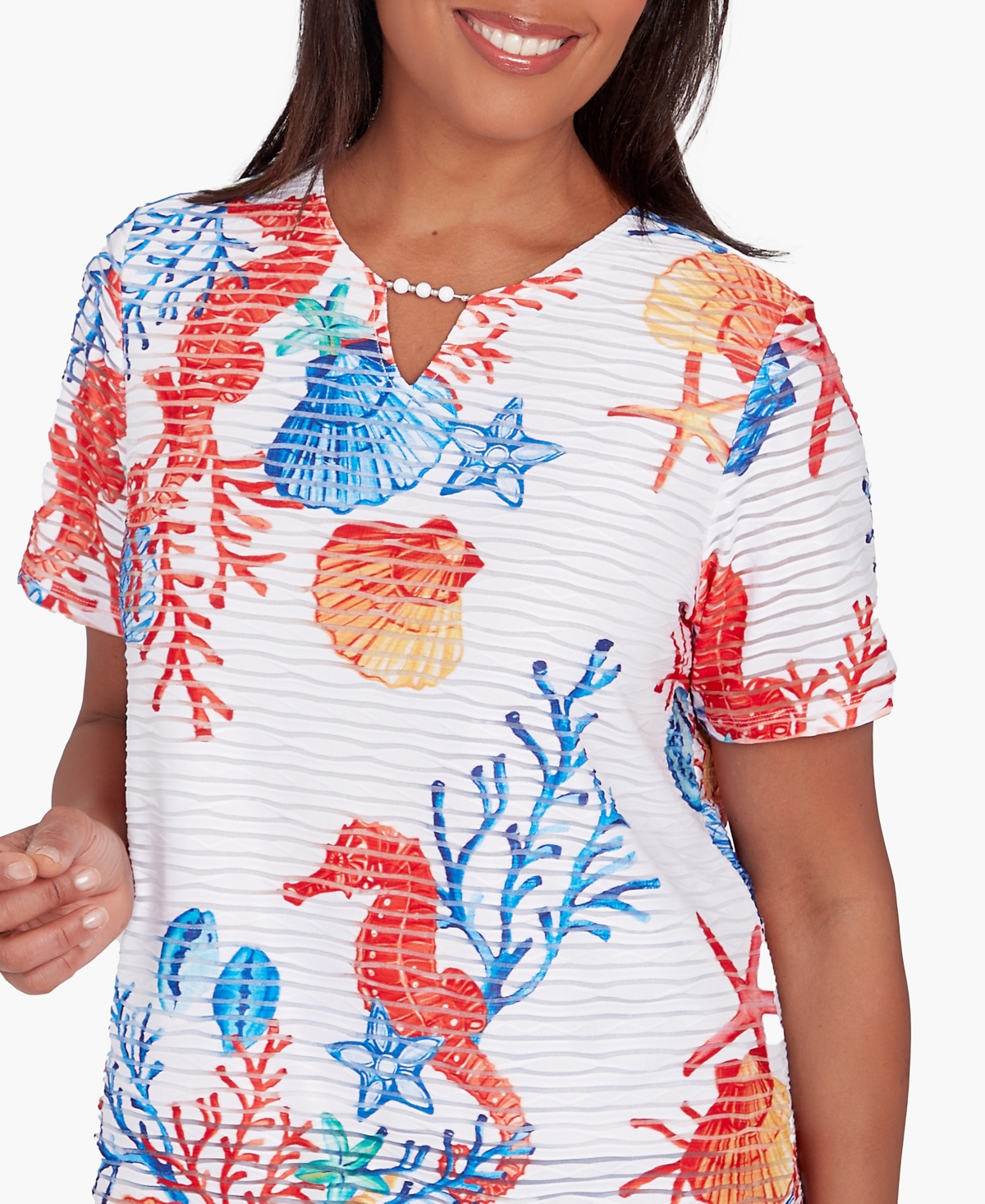 Shop Alfred Dunner Petite Neptune Beach Seahorse Textured Short Sleeve Top In Multi