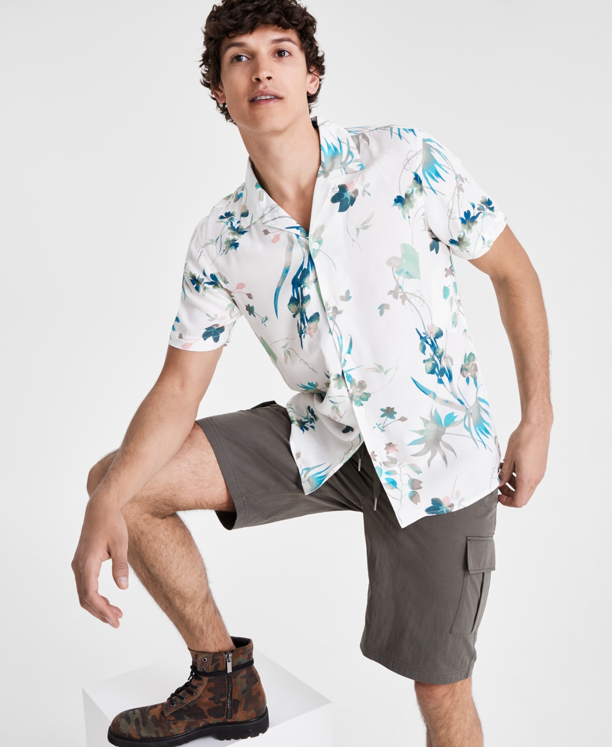 Shop Inc International Concepts Men's Antonio Regular-fit Floral Button-down Camp Shirt, Created For Macy's In Neo Natural