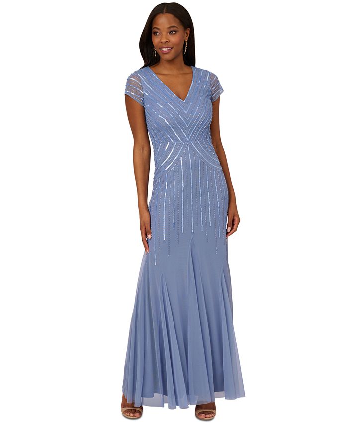 Dancing Queen - Beaded V-Neck Chiffon A-line Dress 9589 - 3 pcs Periwinkle and 1 Pc Burgundy in Size Small Available main image 1