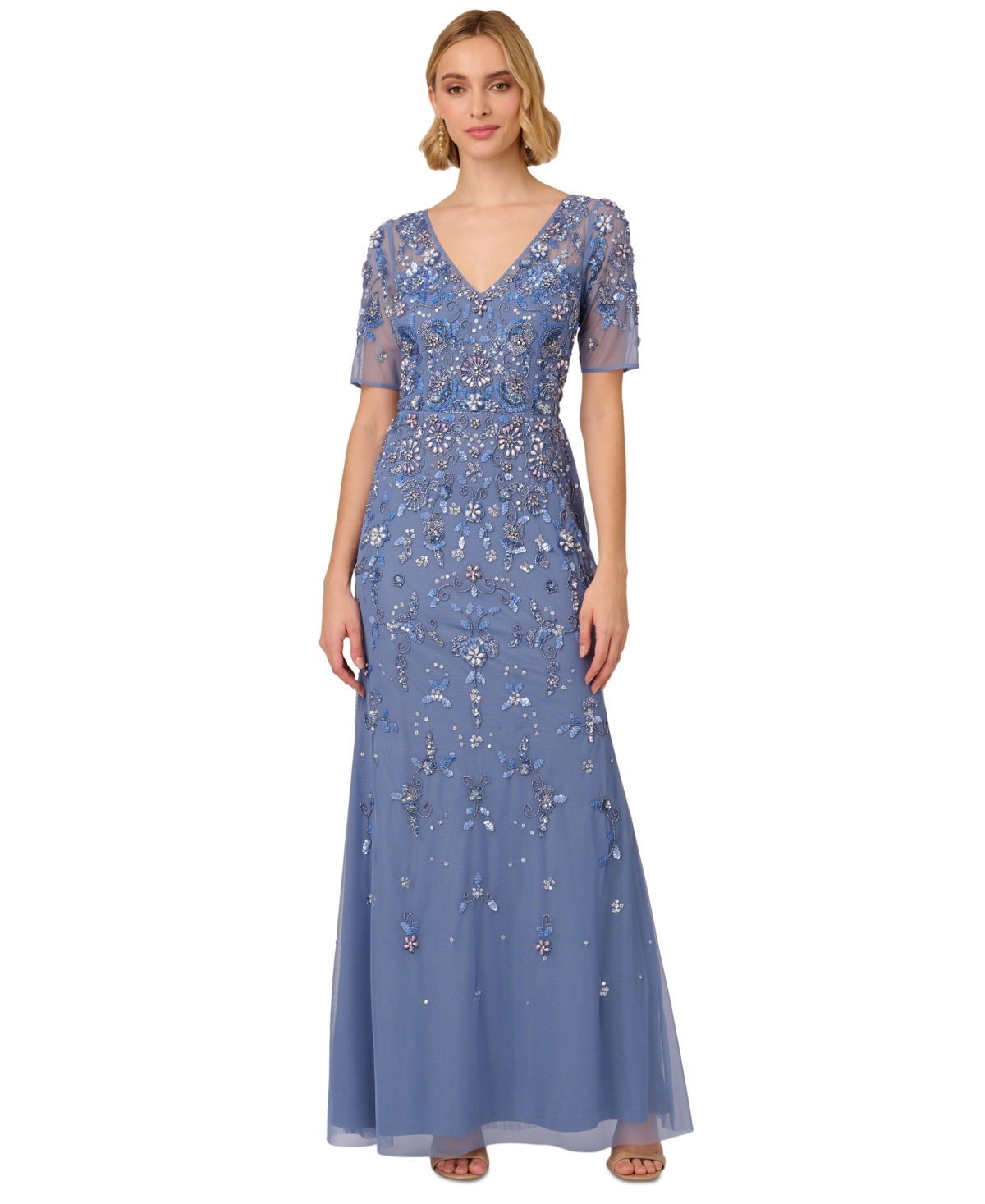 Shop Adrianna Papell Women's V-neck Beaded Short-sleeve Mesh Gown In French Blue