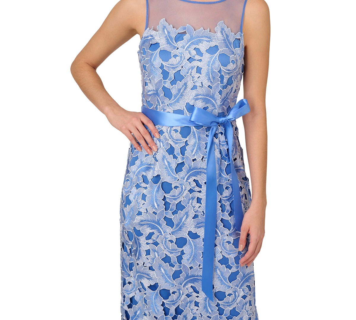 Shop Adrianna Papell Petite Round-neck Sleeveless Tonal Lace Dress In Pericruise