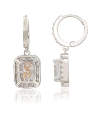 Suzy Levian Sterling Silver Cubic Zirconia Emerald-Cut Halo Dangle Earrings