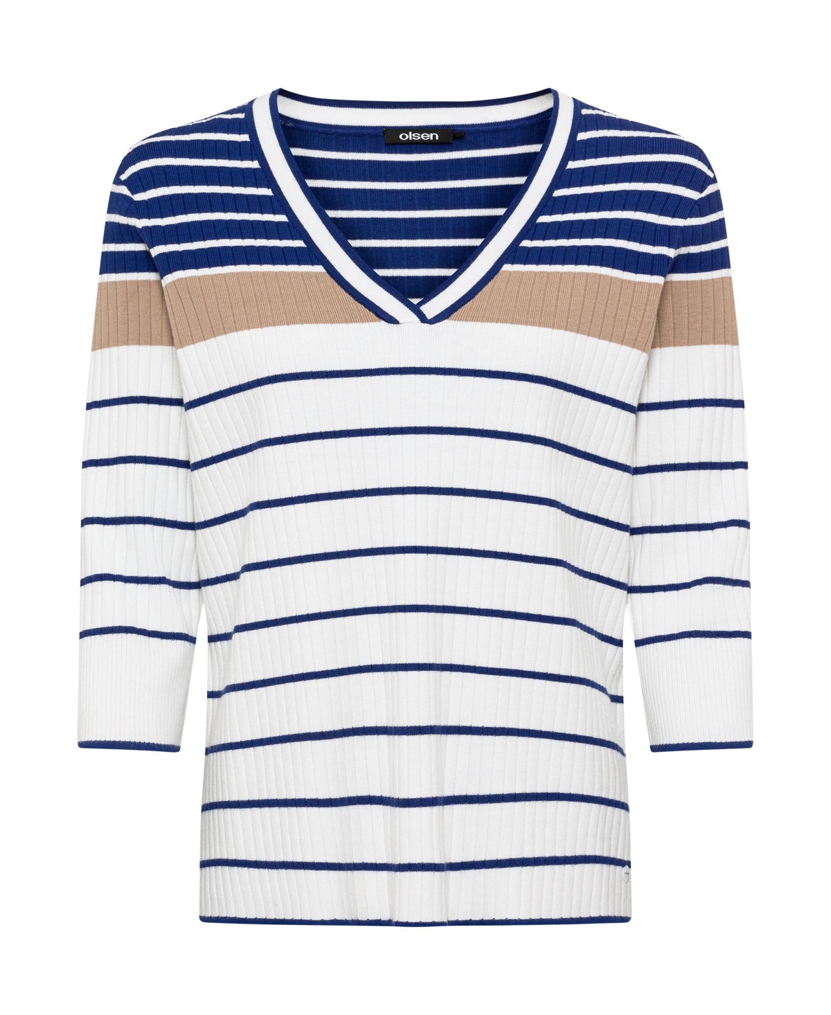 Olsen Women's 3/4 Sleeve Striped V-Neck Pullover
