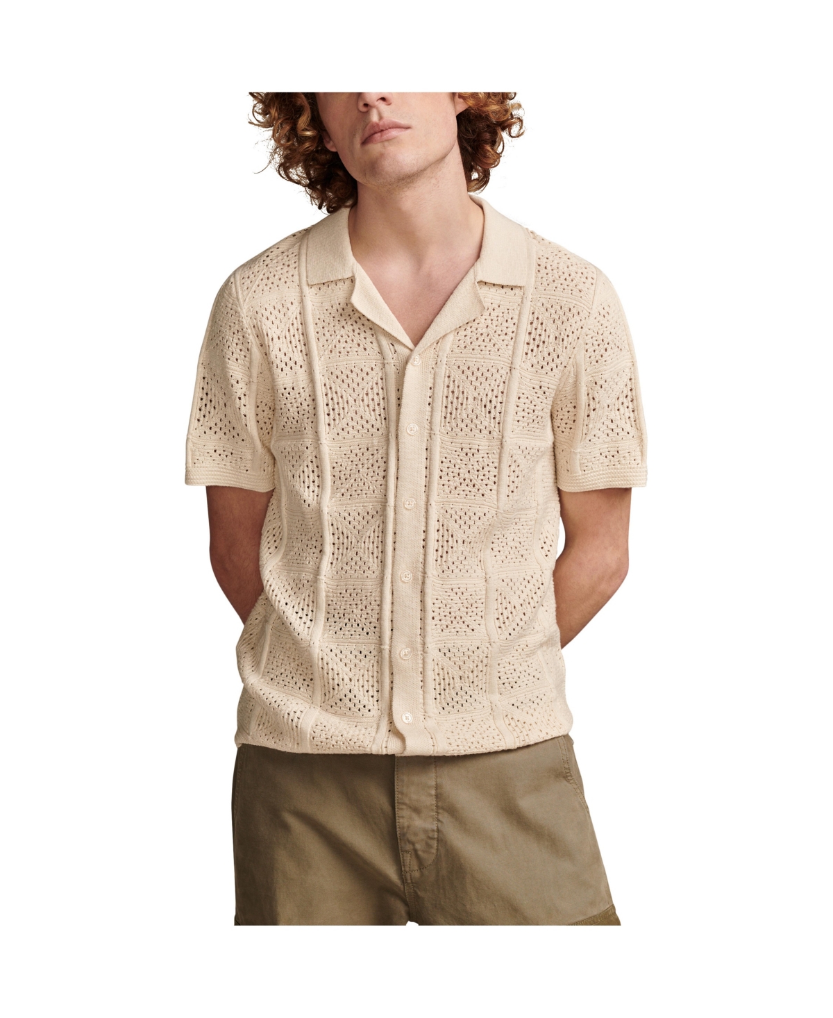 Men's Crochet Camp Collar Short Sleeve Shirt - White Cap Gray