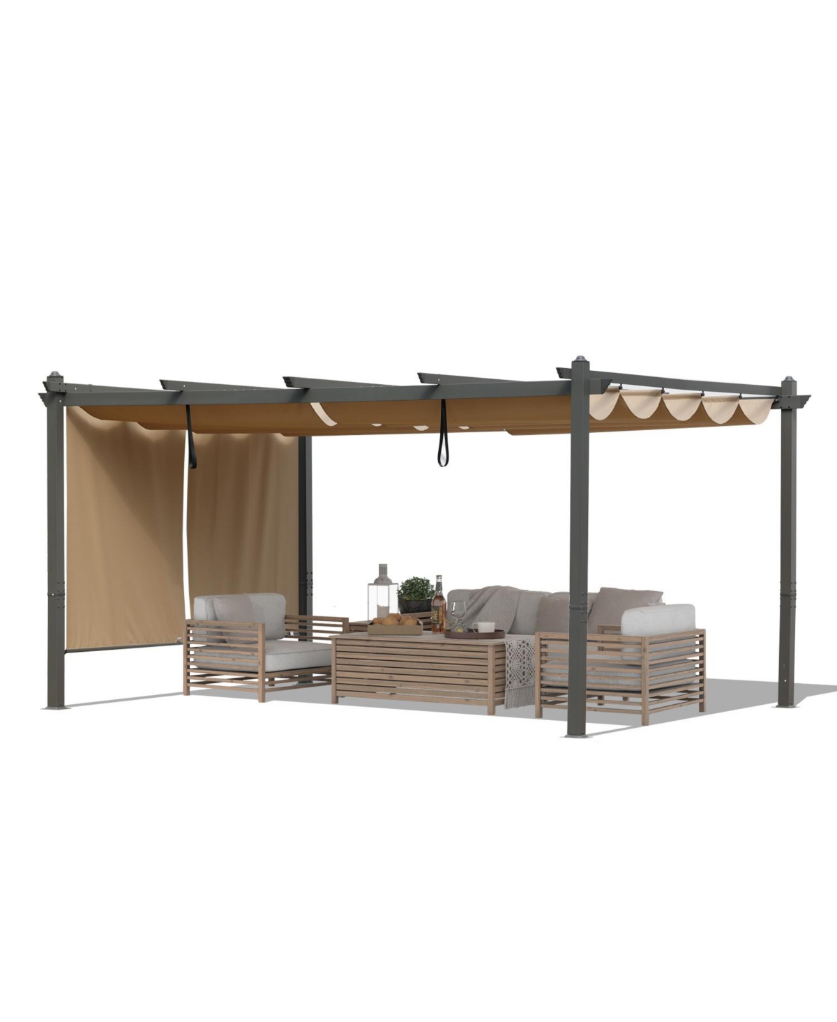 Outdoor Pergola 12'x14' Aluminum Patio Pergola with Adjustable Sun Shade Cover and Retractable Canopy - Khaki