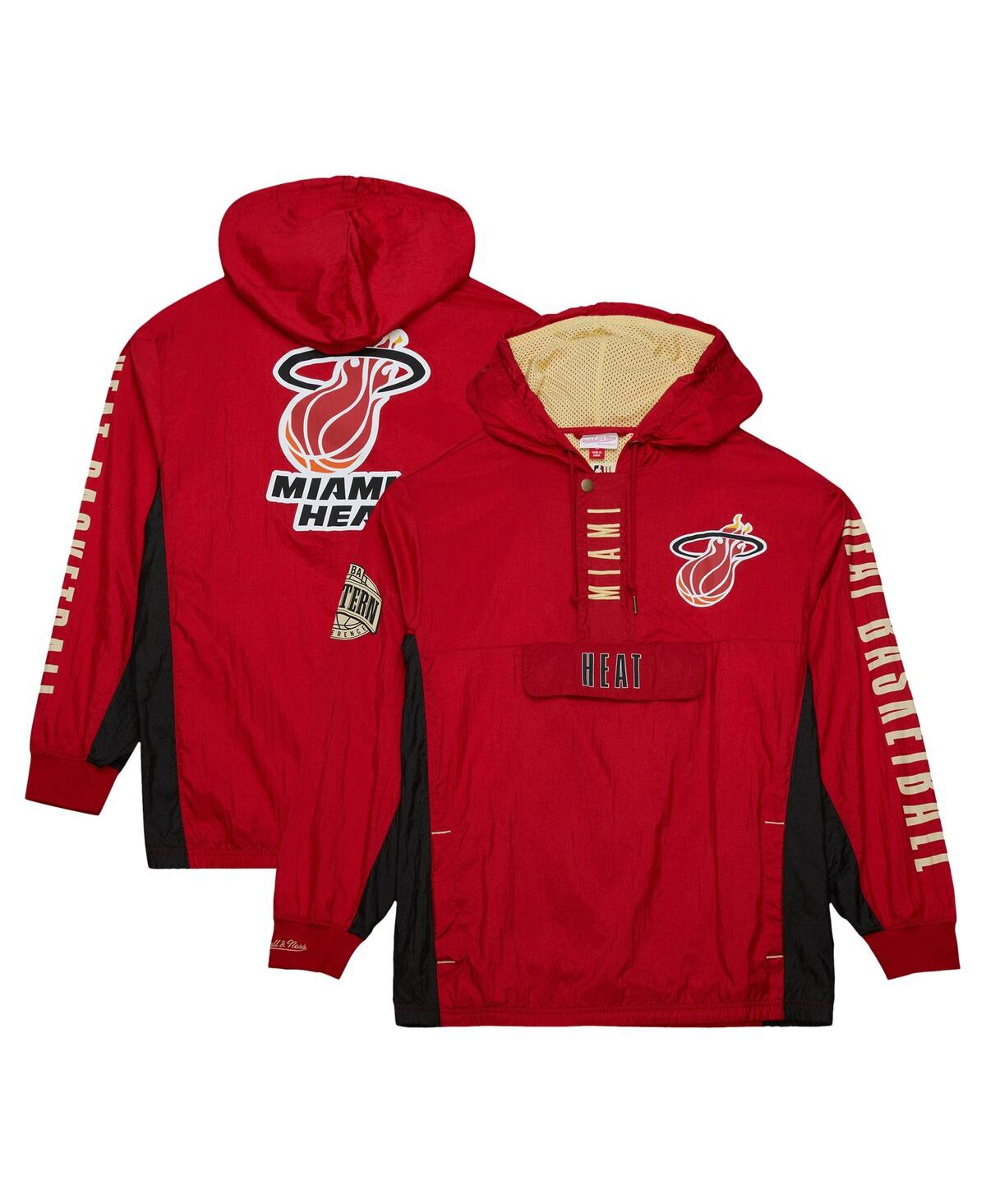 Men's Mitchell & Ness Red Distressed Miami Heat Team Og 2.0 Vintage-Like Logo Anorak Windbreaker Quarter-Zip Jacket - Red
