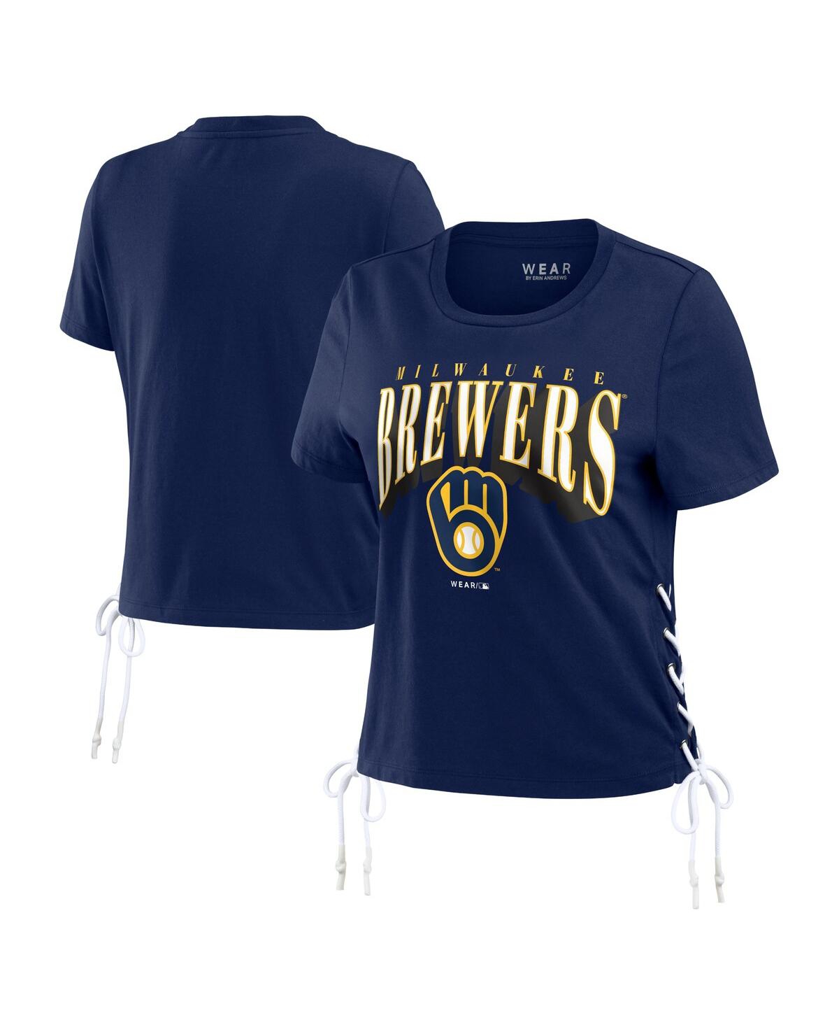 Shop Wear By Erin Andrews Women's  Navy Milwaukee Brewers Side Lace-up Cropped T-shirt