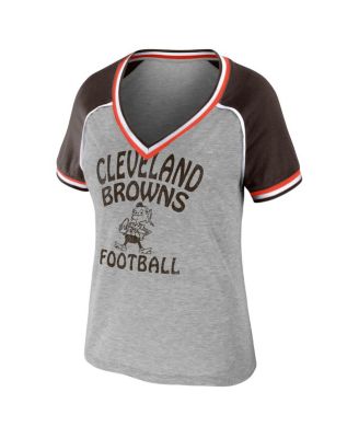 Women's Heather Gray Distressed Cleveland Browns Cropped Raglan Throwback V-Neck T-shirt