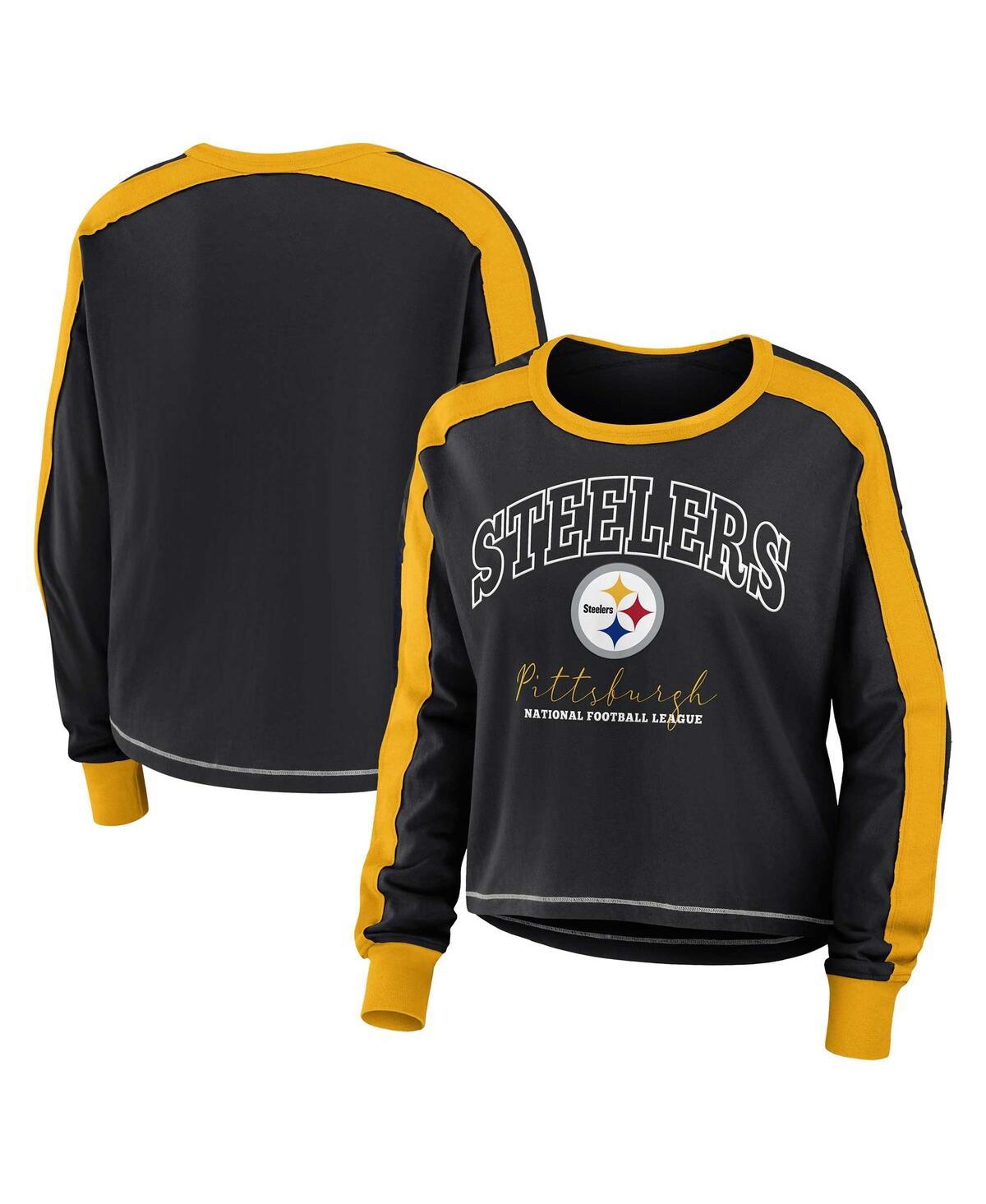 Wear By Erin Andrews Black/gold Pittsburgh Steelers Color Block Modest Crop Long Sleeve T-shirt In Black