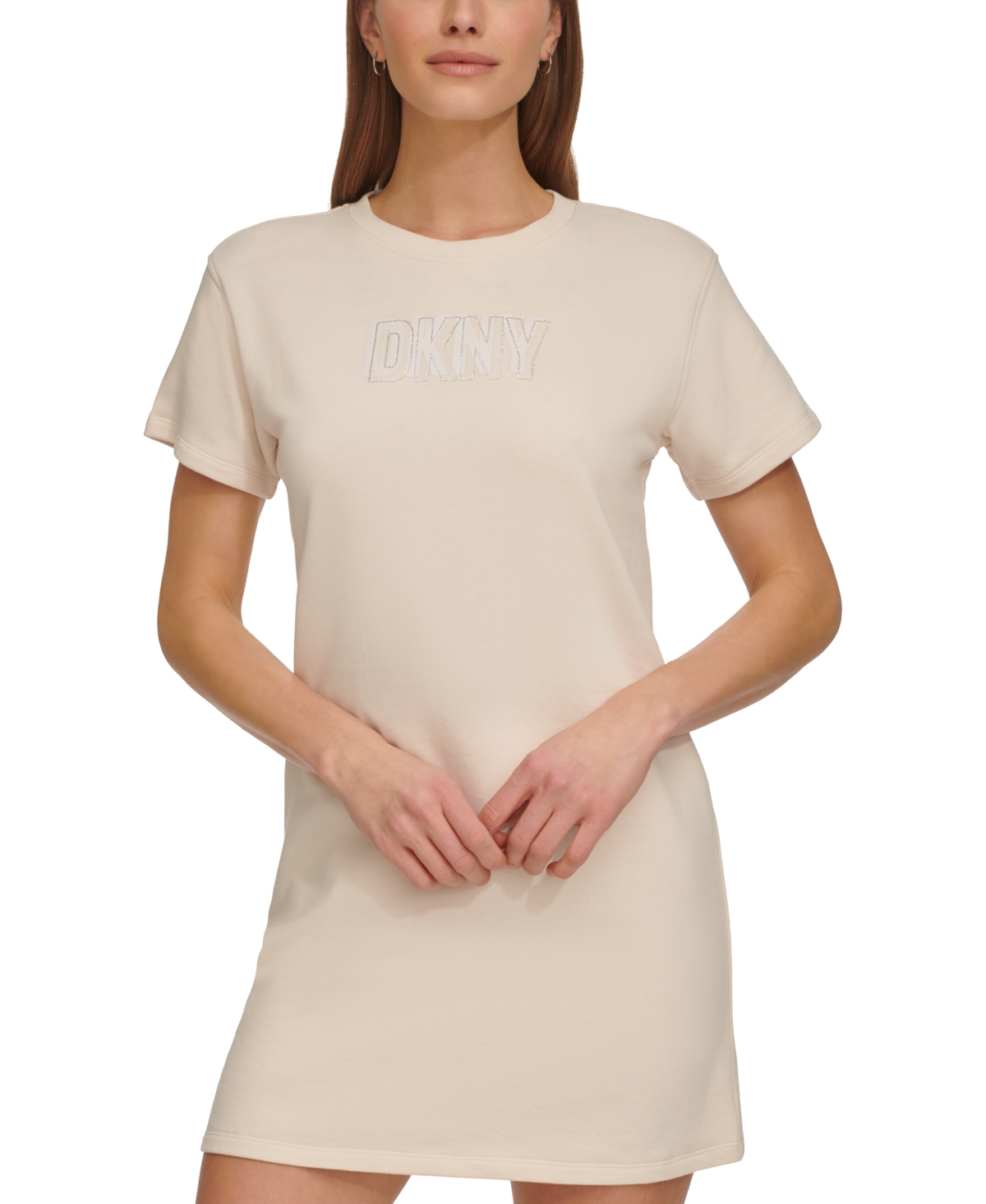 Shop Dkny Women's Short-sleeve Long Logo T-shirt Dress In Sand
