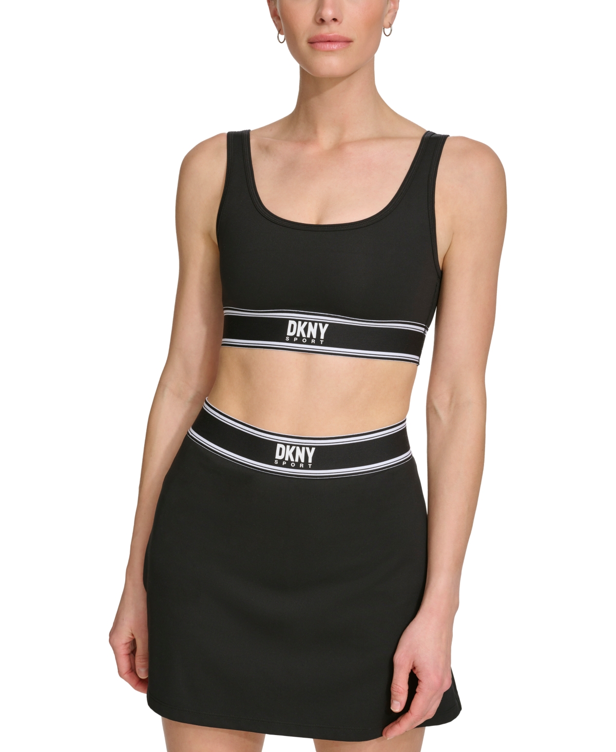 Shop Dkny Women's Cotton Logo-tape Scoop-neck Sports Bra In Black