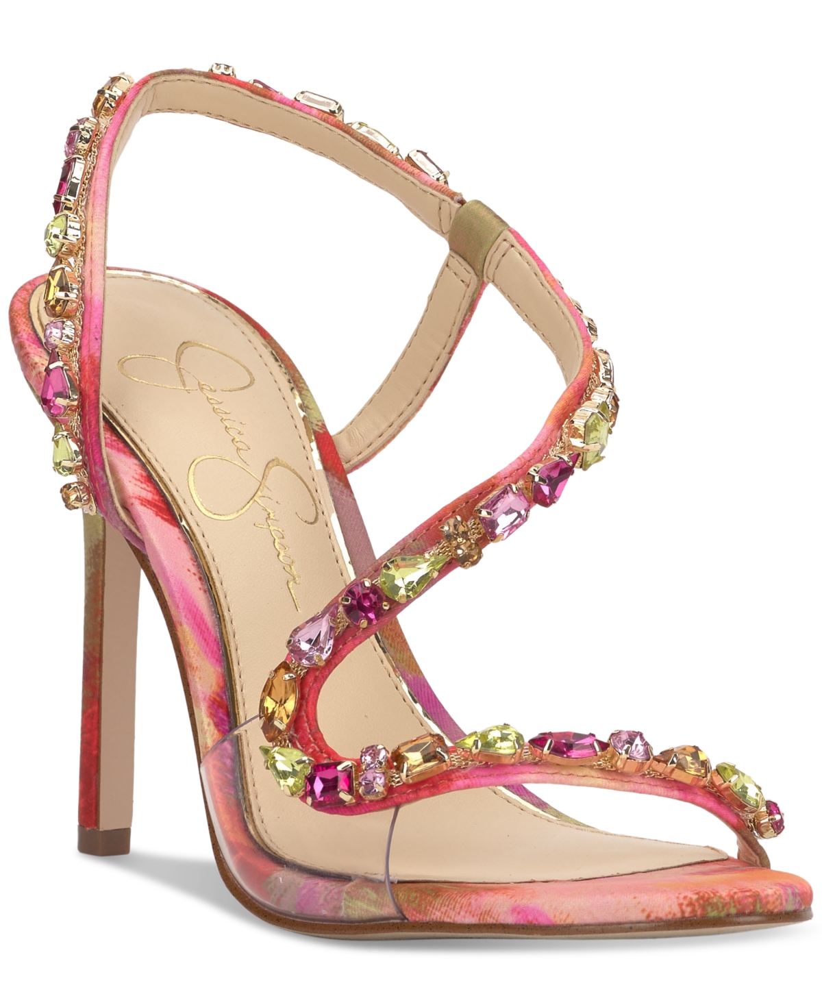 Shop Jessica Simpson Women's Jaycin Barely-there Rhinestone Evening Sandals In Pink,red Combo Floral Fantasy Satin