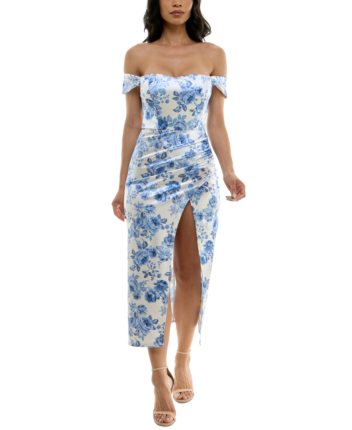 Shop Speechless Juniors' Floral-print Ruched Midi Dress In Ivory Denim