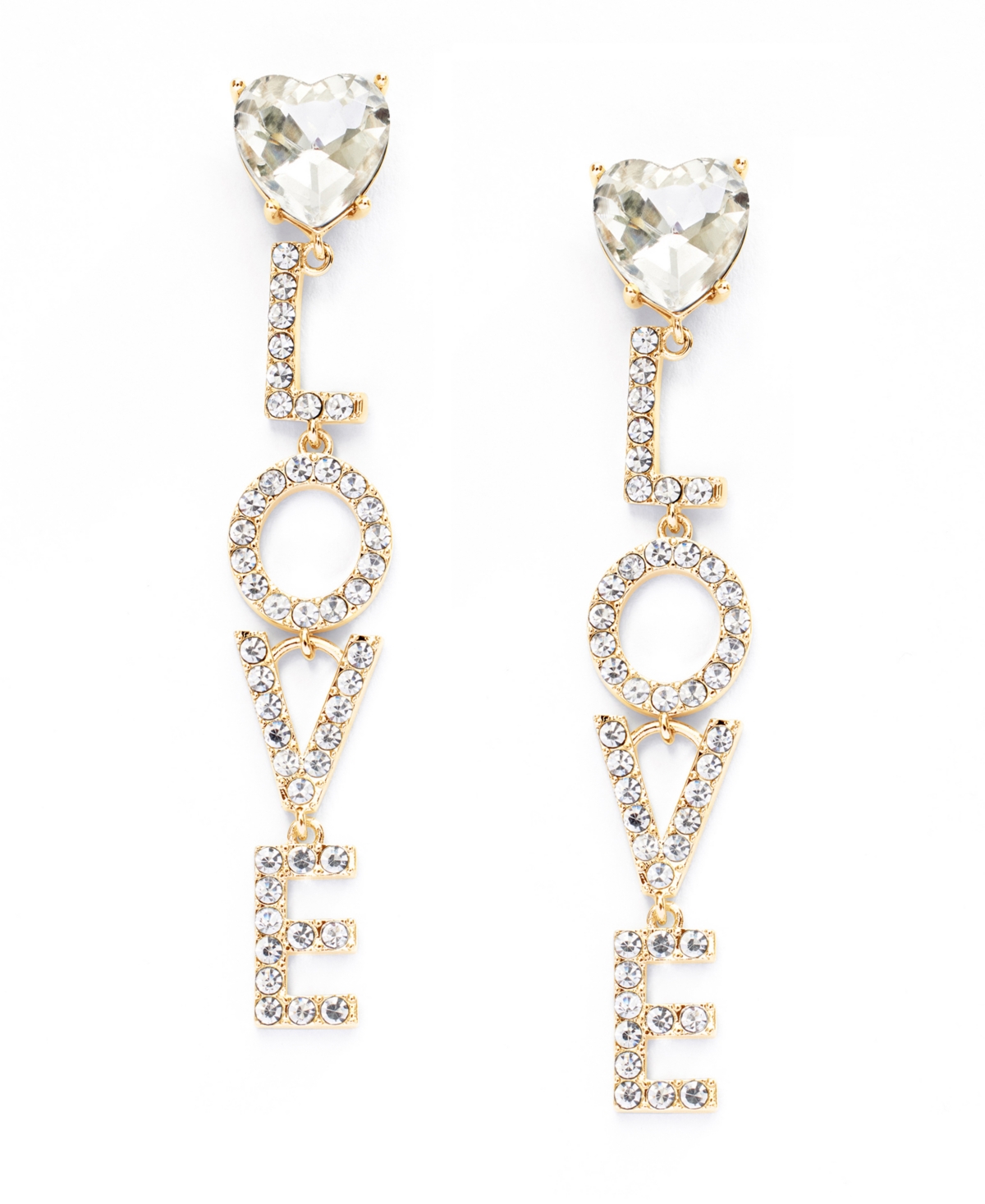 Faux Stone Pave Love Statement Drop Earrings - Crystal, Gold