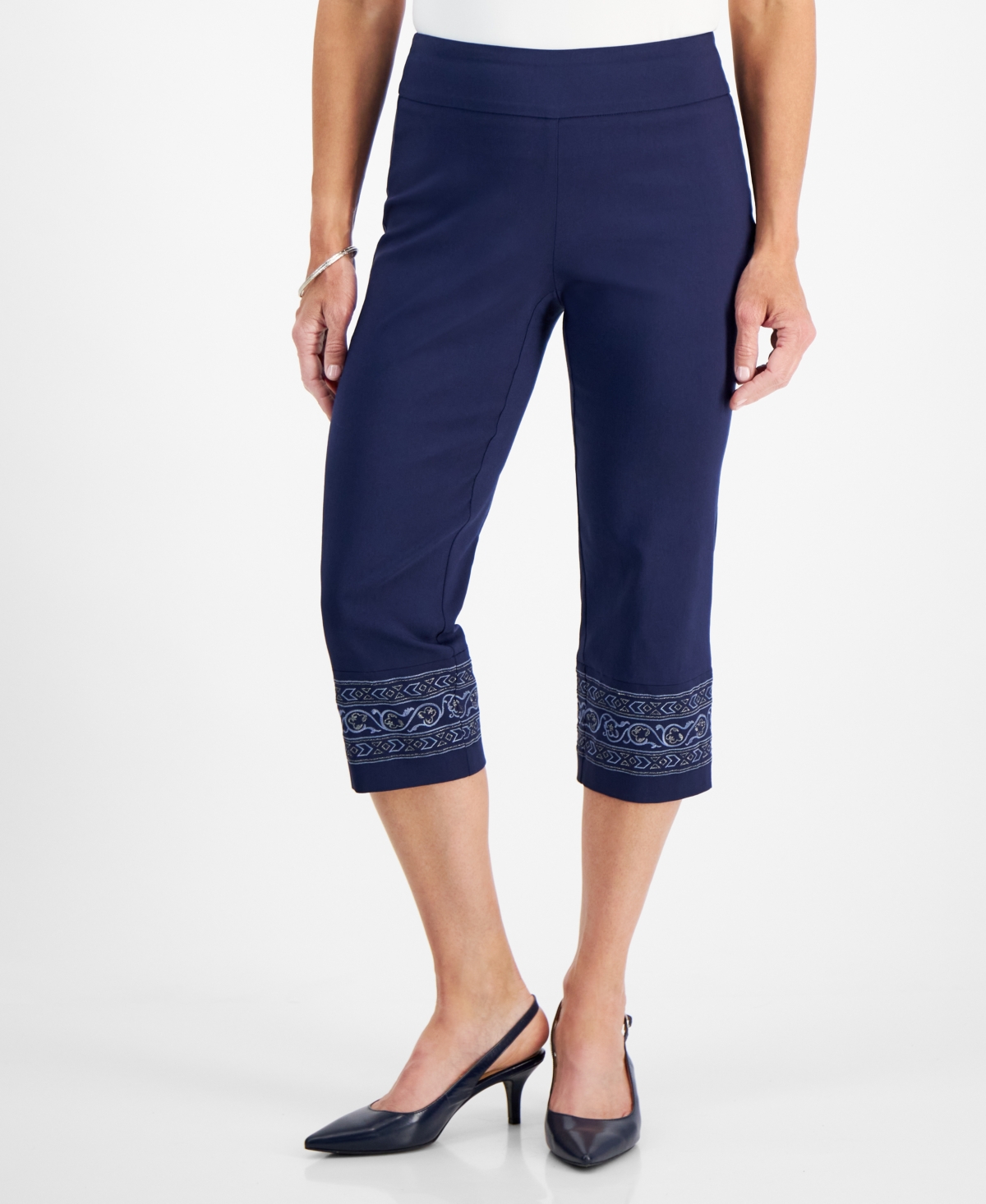 Petite Embroidered-Trim Capri Pants, Created for Macy's - Intrepid Blue Combo