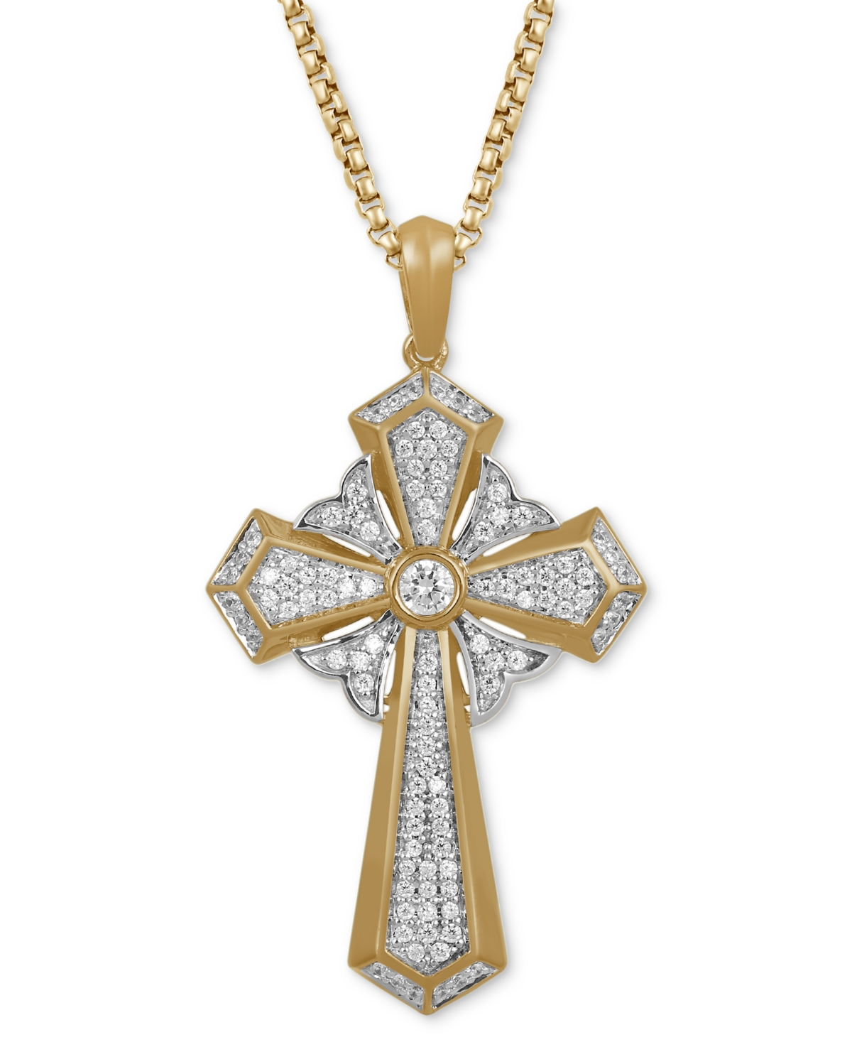 Macy's Men's Diamond Cross 22" Pendant Necklace (1/2 Ct. T.w.) In Sterling Silver & 18k Gold-plated Sterlin In Gold Over Silver