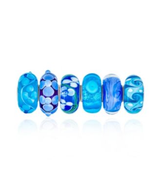 Mixed Set Of 6 Bundle Sterling Silver Core Translucent Shades Of Blue Murano Glass Swirl Flower Charm Bead Spacer Fits European Bracelet