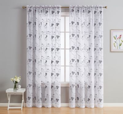Allegra Floral Vine Embroidered Sheer Voile See Through Light Filtering Window Curtain Drapery Rod Pocket Top Panels For Bedroom Dining Room Se