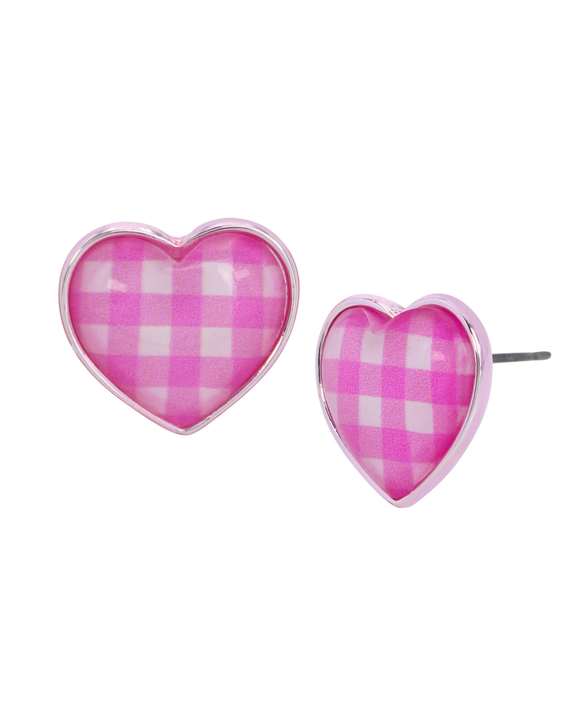 Pink Gingham Heart Stud Earrings - Pink