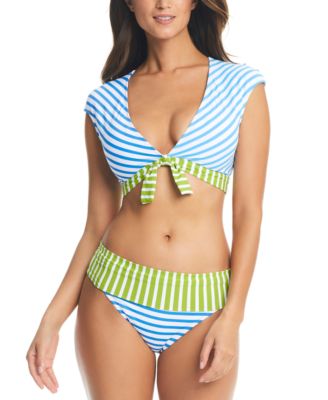 Womens Tie Front Cap Sleeve Bikini Top Foldover Bottoms